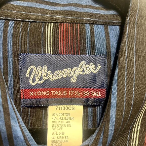 Wrangler Western Dress Shirt Mens 17.5 Multicolor Striped Cotton Pearl Snap Blue - Picture 6 of 12